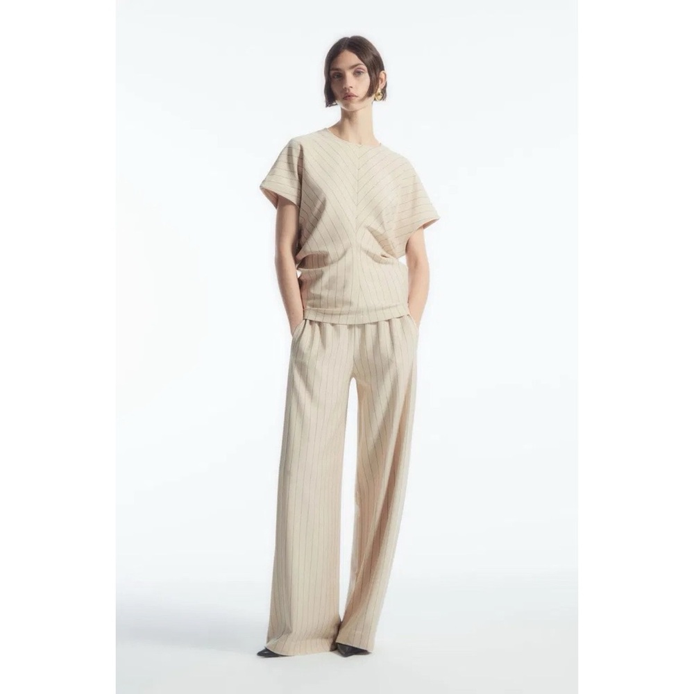 COS Pinstriped High Rise Wide Straight-Leg Pants in Cream White & Black - Picture 1 of 8